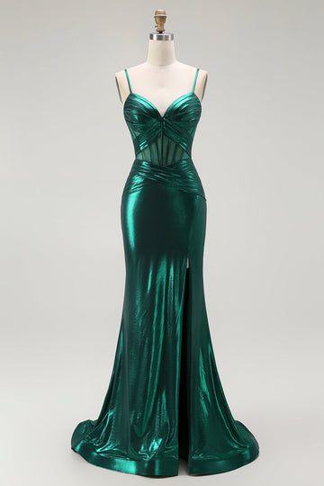 Vestido largo de fiesta con corsé plisado metálico de sirena verde oscuro con abertura